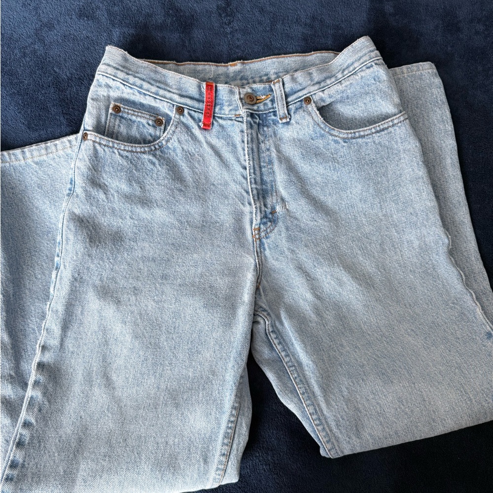 Light Wash Straight Leg Jeans with Red Belt Loop Accent